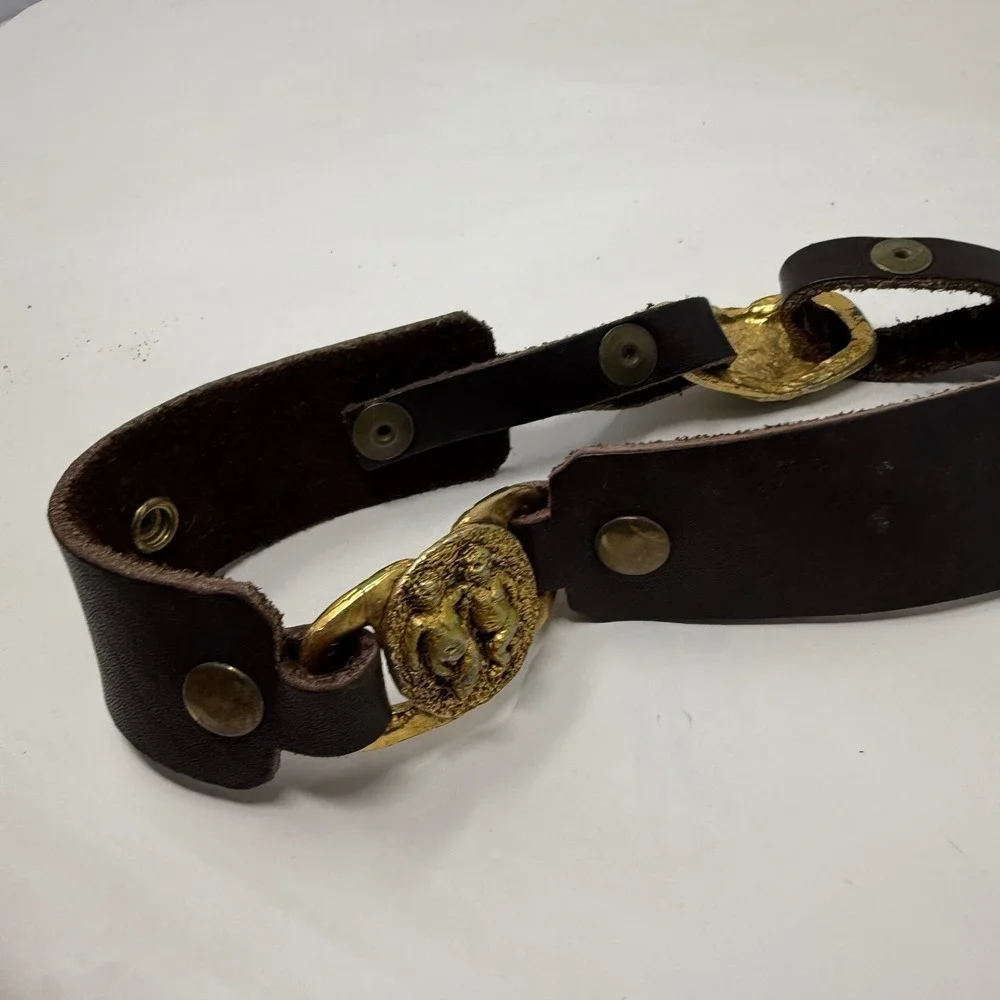 Vintage Dark Brown Leather Cherub Belt Gold Tone Angel Medallion Baroque 32.5in